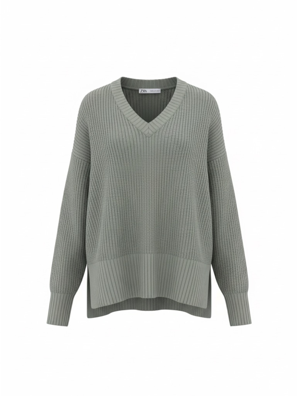 Zara Grey V-Neck Ribbed Knit Sweater